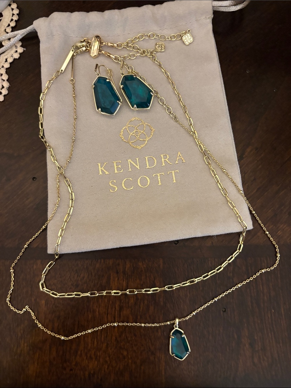 Kendra Scott Gold Plated Teal Blue Pendant Necklace and Earring Set